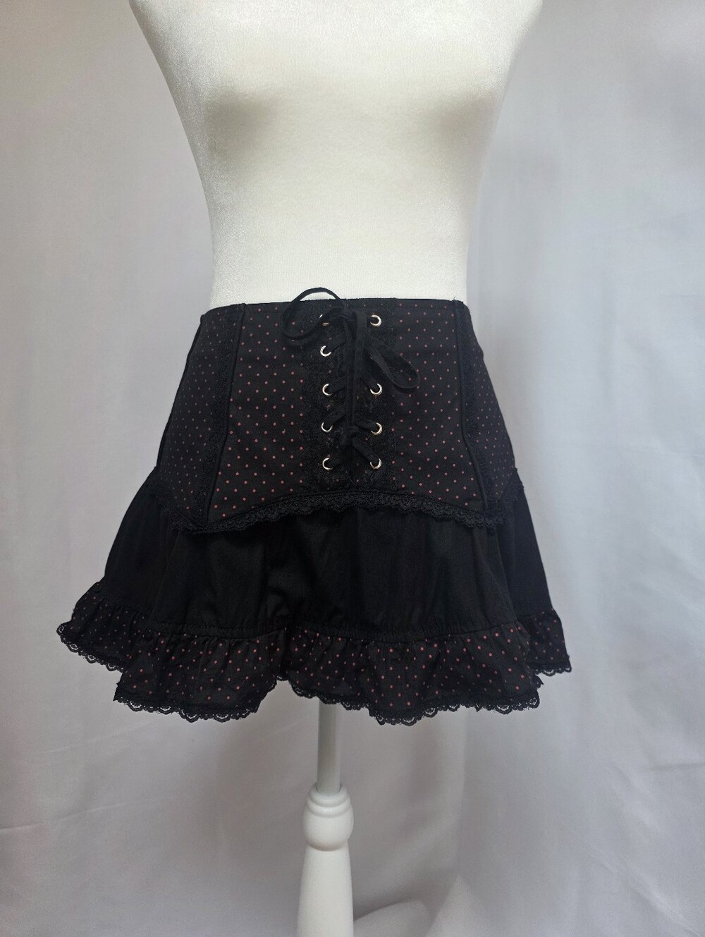 Tripp NYC XL Black Red Polka Dot Lace Up Ruffle Mini Skirt Goth Punk